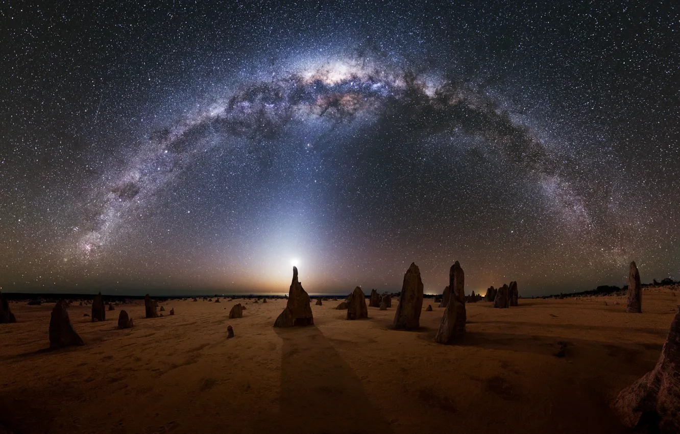Фото обои Луна, Австралия, Млечный путь, Moon, Australia, Milky Way, Michael Goh, zodiac light