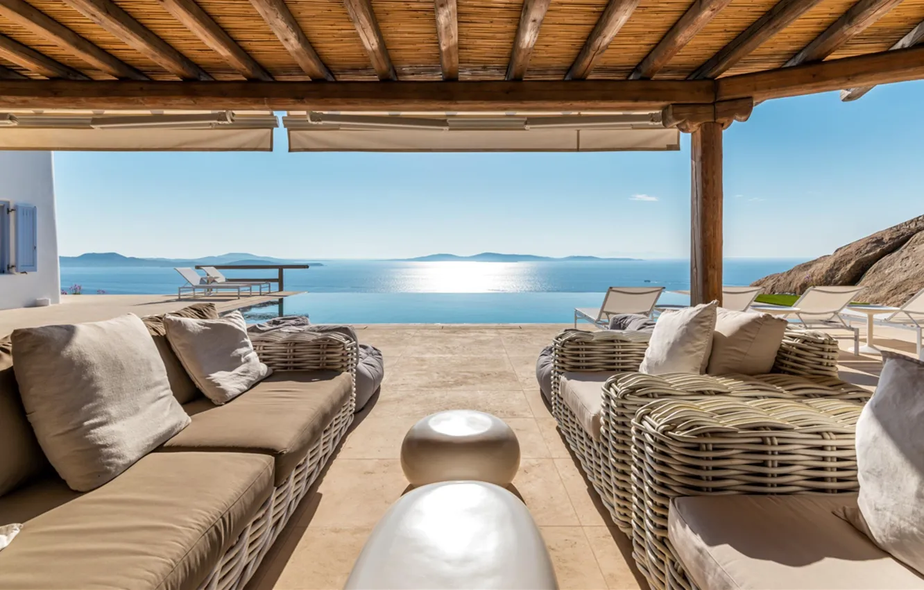 Фото обои интерьер, бассейн, Греция, диваны, Миконос, Mykonos, by Mykonos Architects, крытая терраса