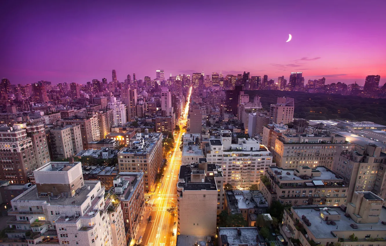 Фото обои закат, moon, нью-йорк, sunset, new york, usa, nyc, East Side