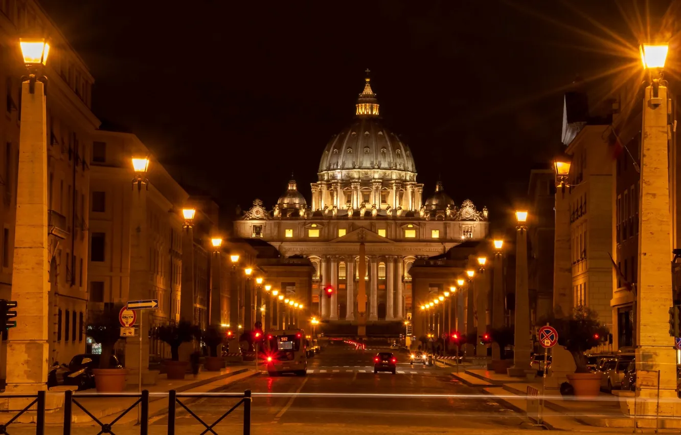 Фото обои дорога, машины, улица, освещение, Рим, фонари, Италия, Italy