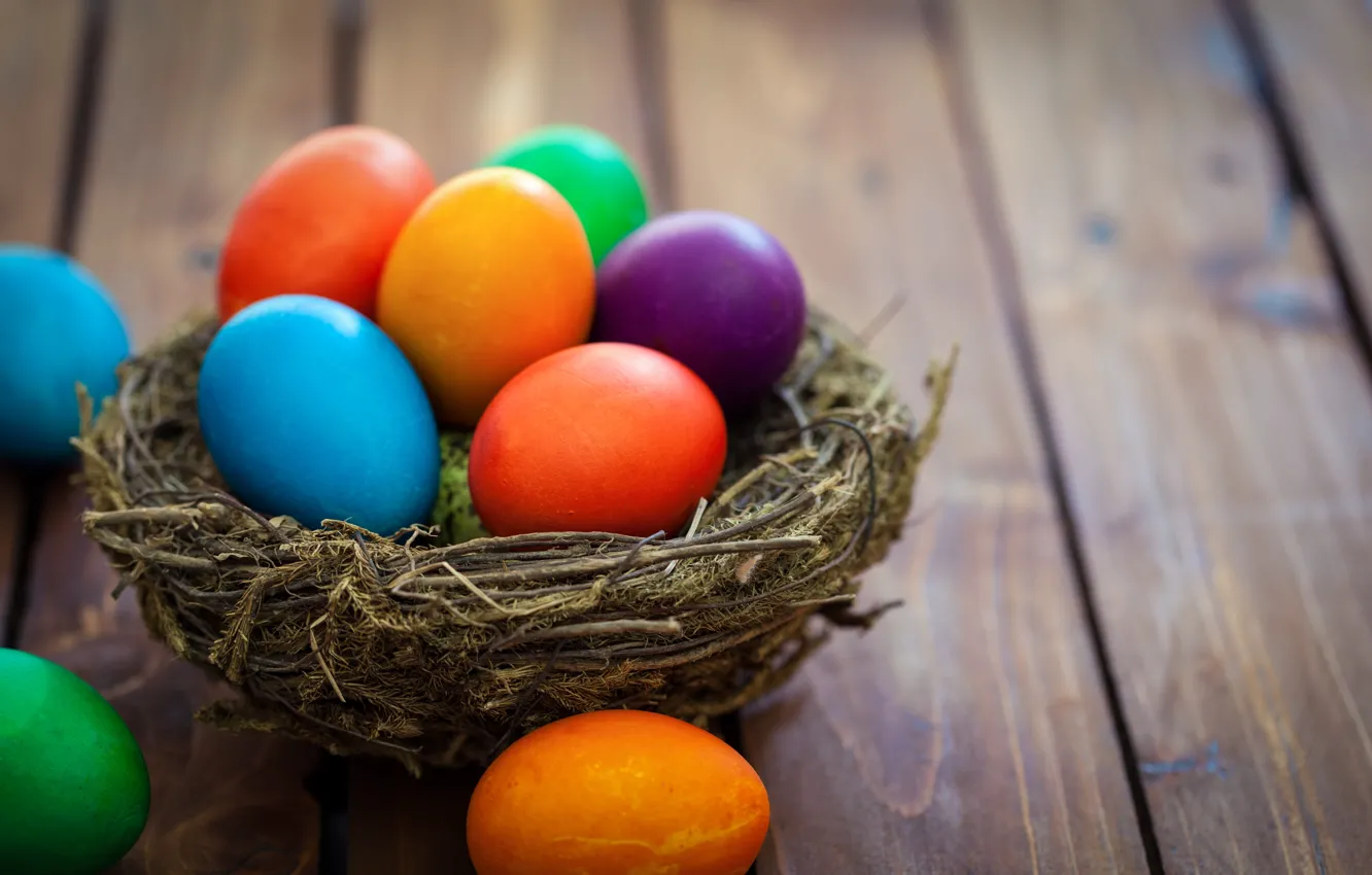 Фото обои весна, colorful, Пасха, корзинка, wood, spring, Easter, eggs