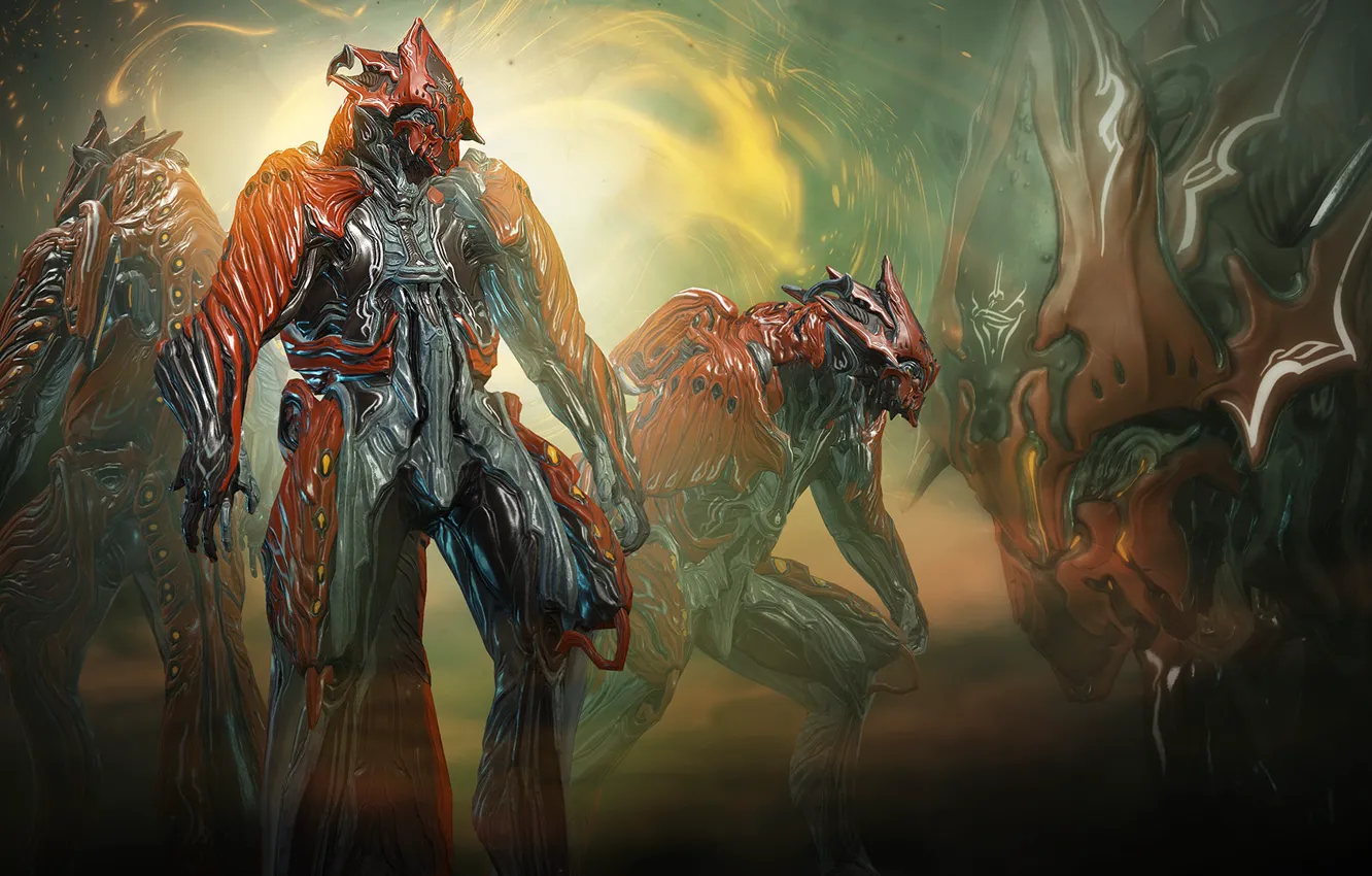 Фото обои свет, фон, коллаж, игра, воин, существа, броня, Warframe
