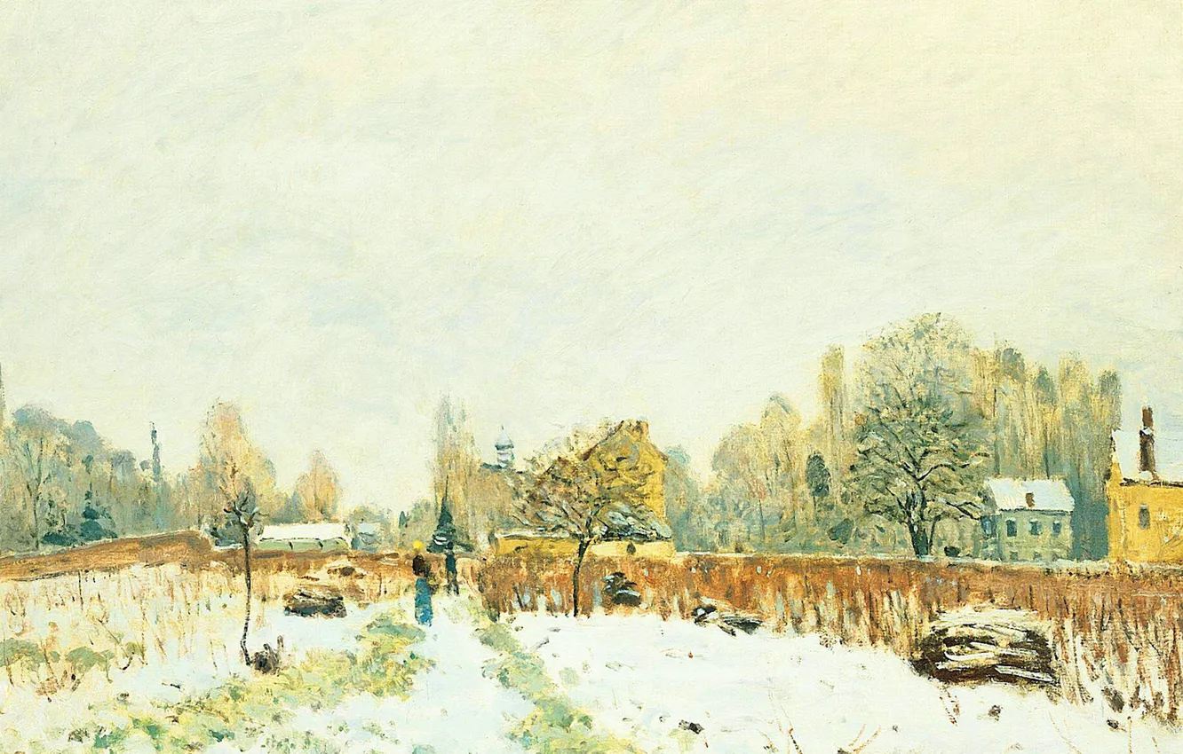 Фото обои пейзаж, картина, Alfred Sisley, Альфред Сислей, Снег в Лувесьене