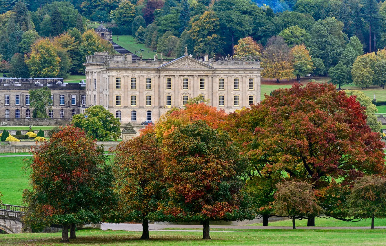 Фото обои осень, деревья, мост, парк, замок, Англия, речка, Derbyshire