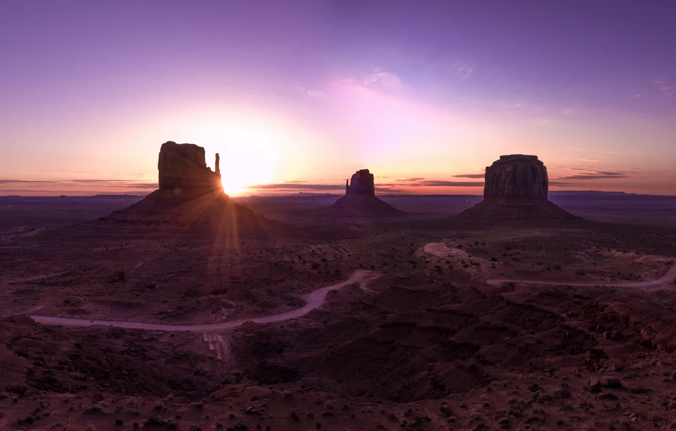 Фото обои горы, рассвет, пустыня, долина, landscape, panorama, arizona, monument valley