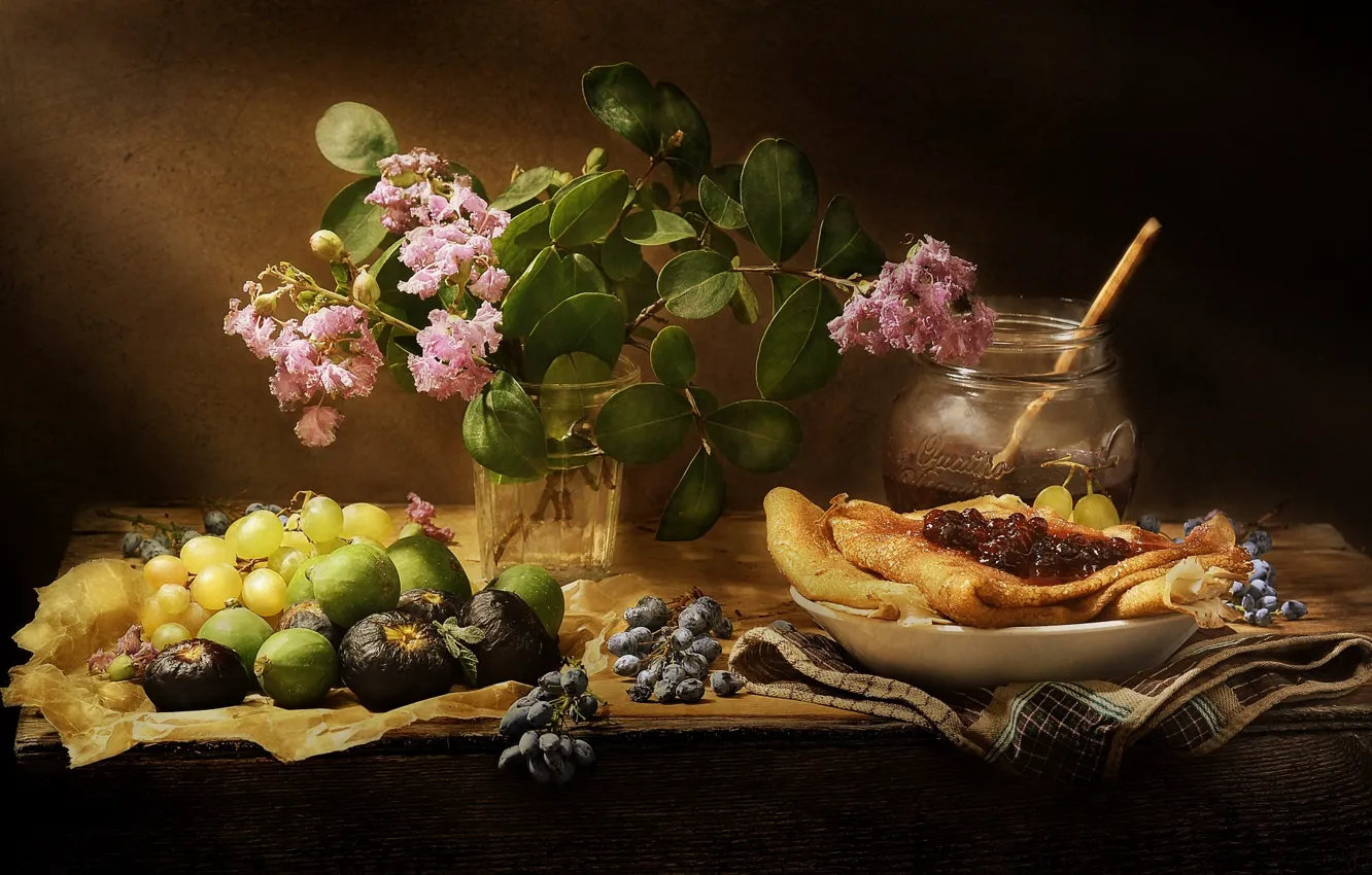 Фото обои цветы, стакан, букет, плоды, виноград, банка, сладости, фрукты