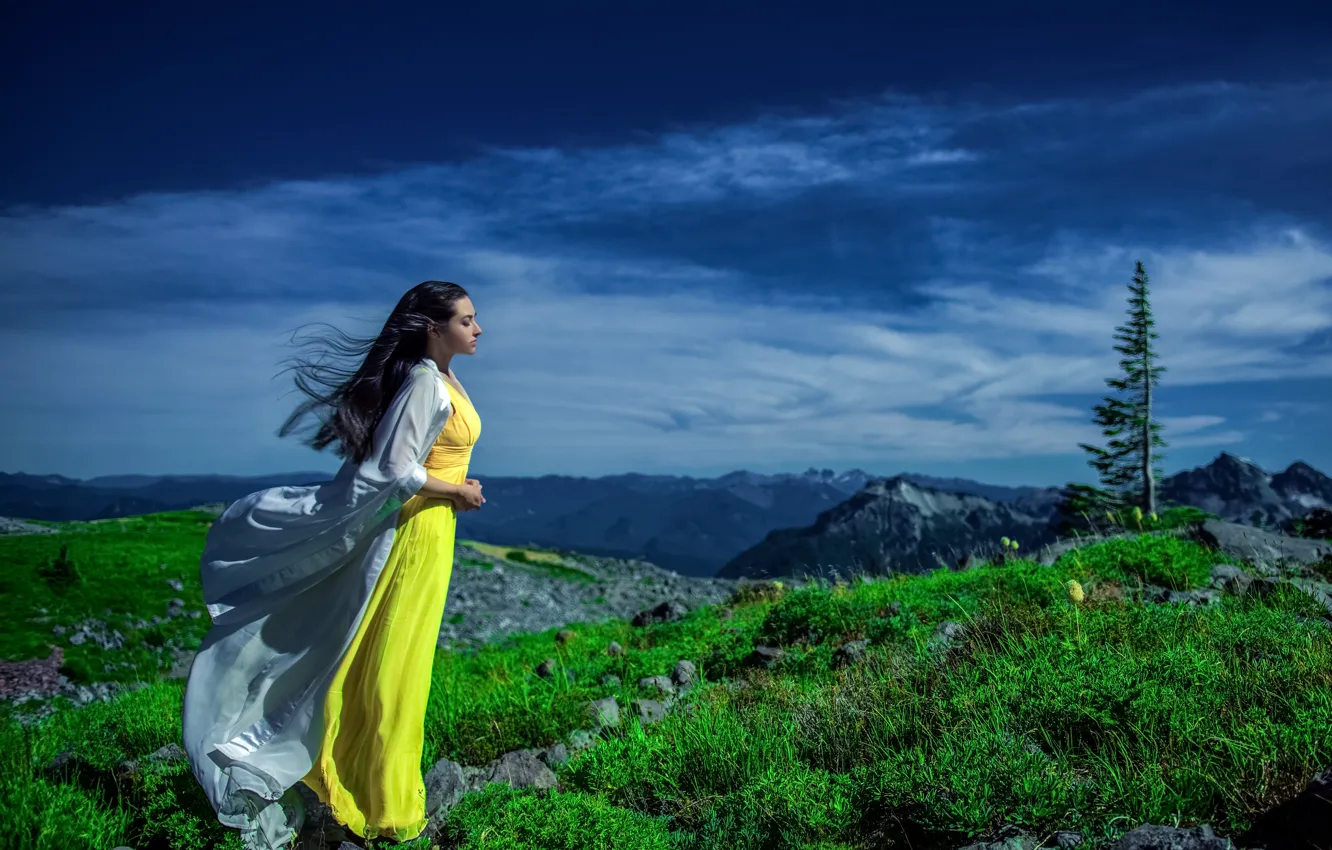 Фото обои девушка, горы, платье, профиль