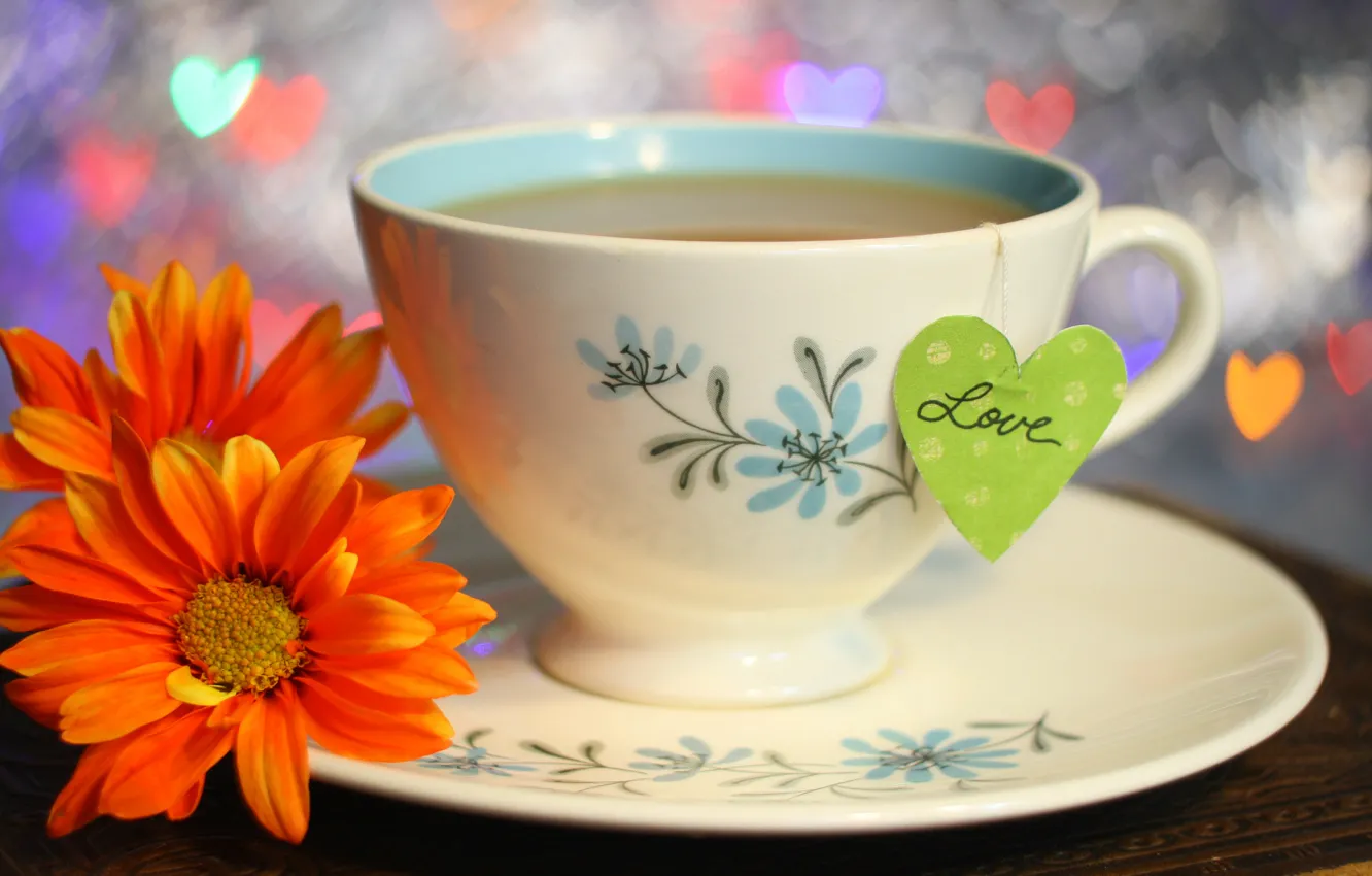 Фото обои любовь, цветы, lights, праздник, чай, сердце, чашка, love