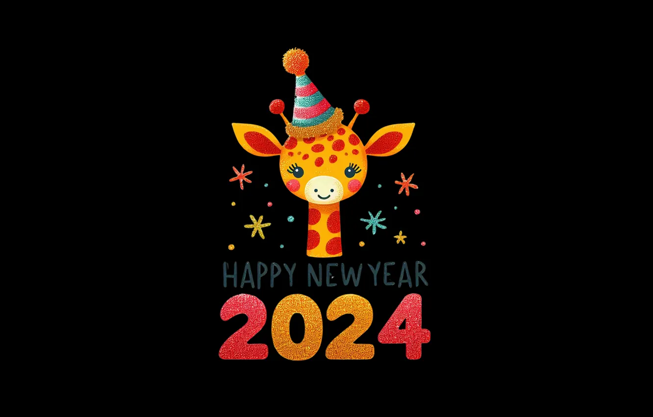 Фото обои снежинки, черный, позитив, Жираф, Праздник, колпак, Happy new year, Новый год!