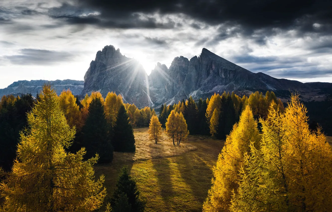 Фото обои солнце, лучи, деревья, пейзаж, горы, тучи, природа, Италия