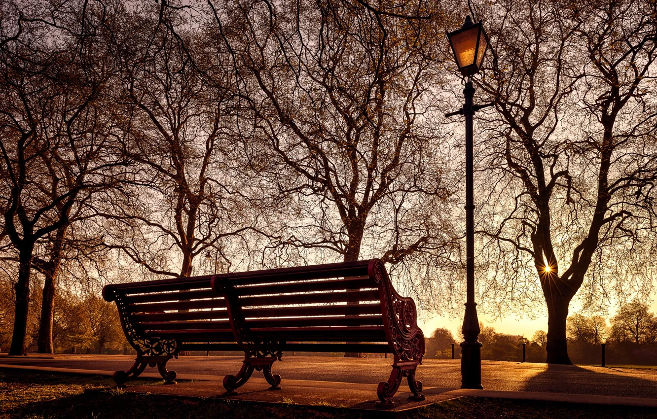 Фото обои Англия, Лондон, фонарь, скамья, Баттерси Парк