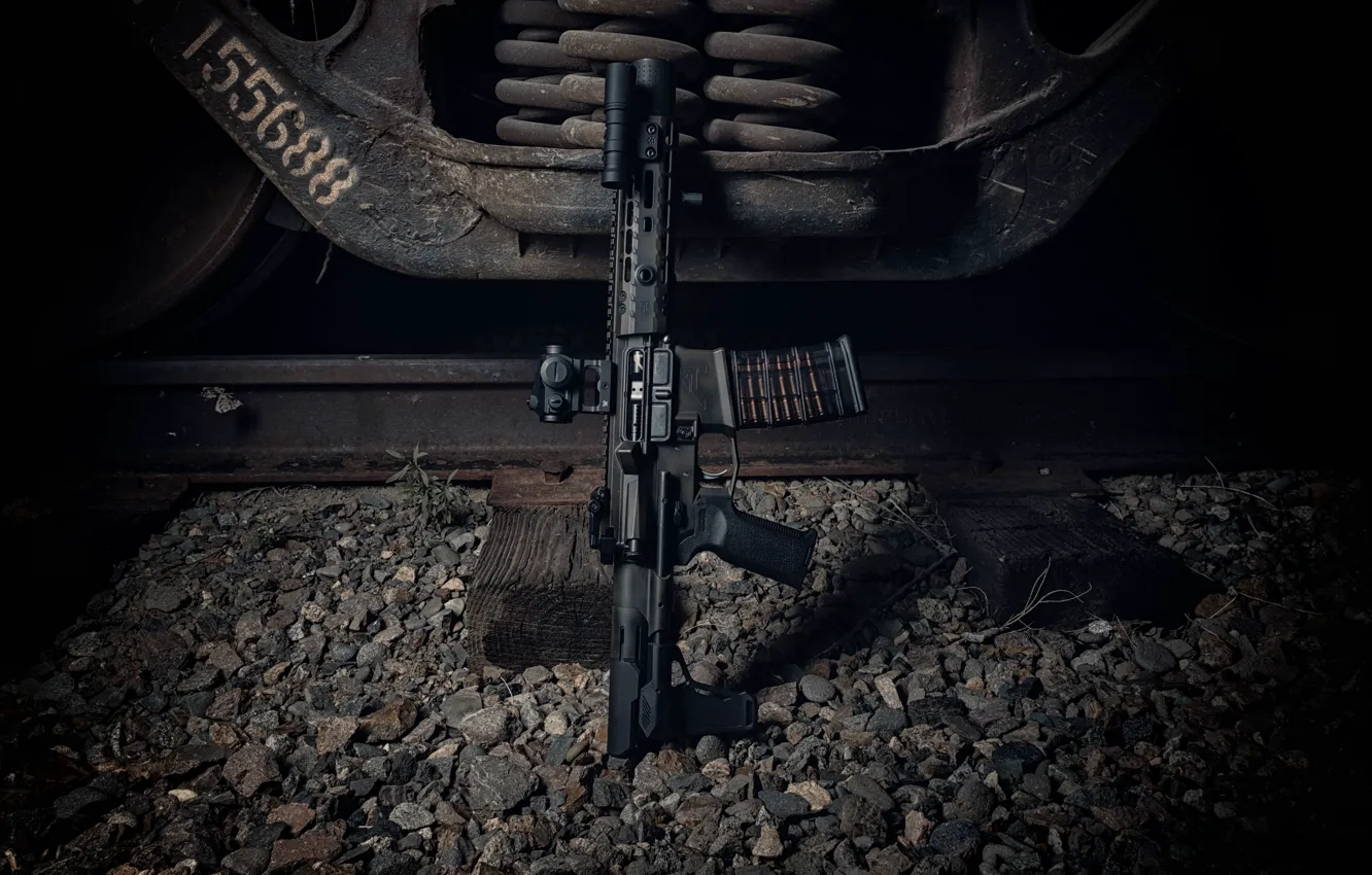 Фото обои металл, оружие, фон, рельсы, штурмовая винтовка
