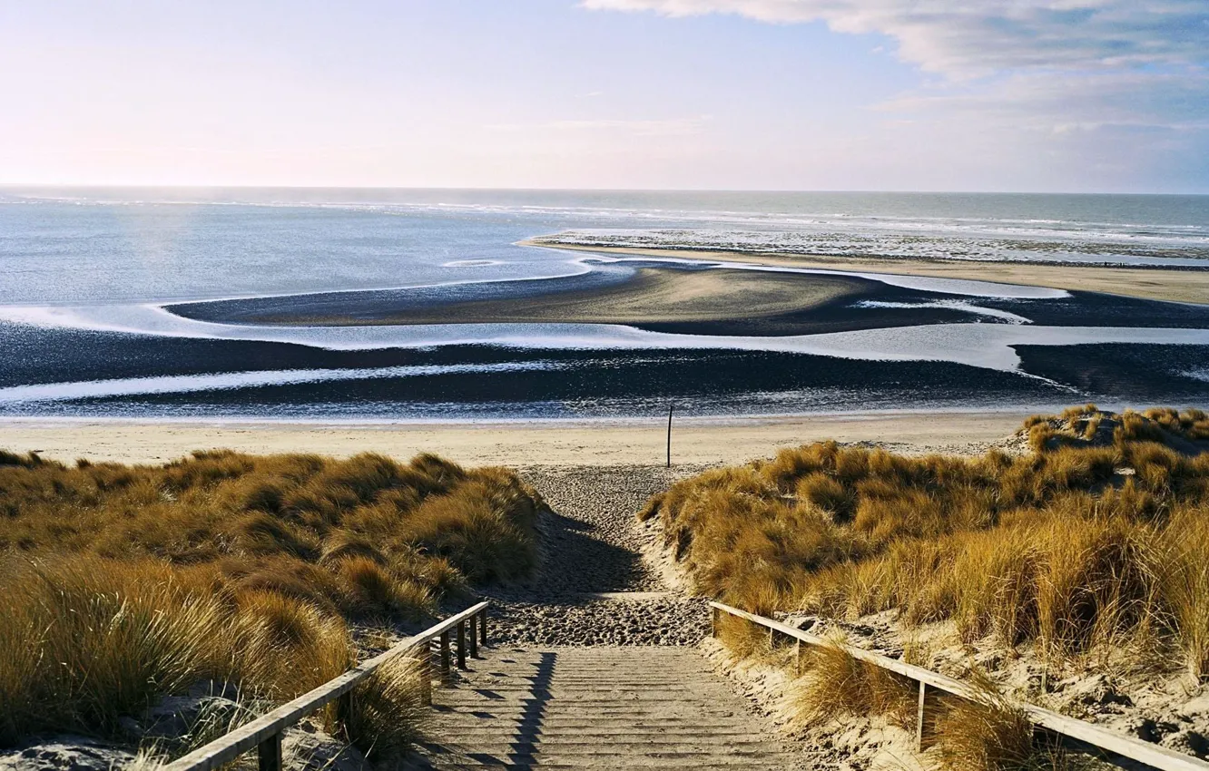 Фото обои песок, море, волны, пляж, пейзаж, природа, горизонт, лестница