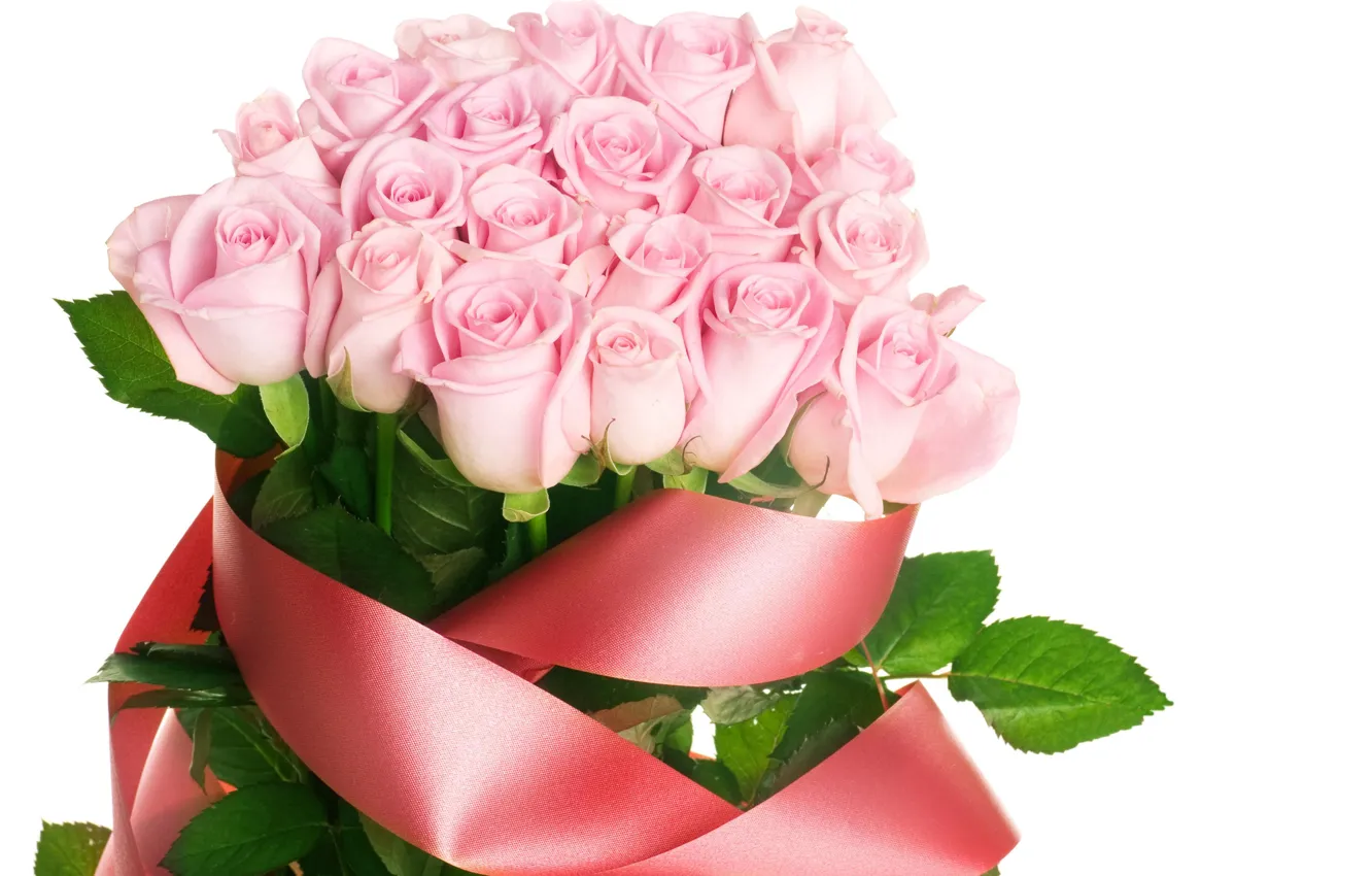 Фото обои цветы, розы, букет, лента, розовые, красная