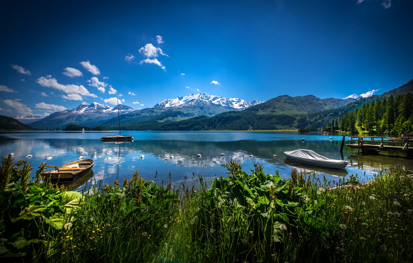 Фото обои Природа, Горы, Трава, Озеро, Швейцария, Лодки, Пейзаж, Lake Sils