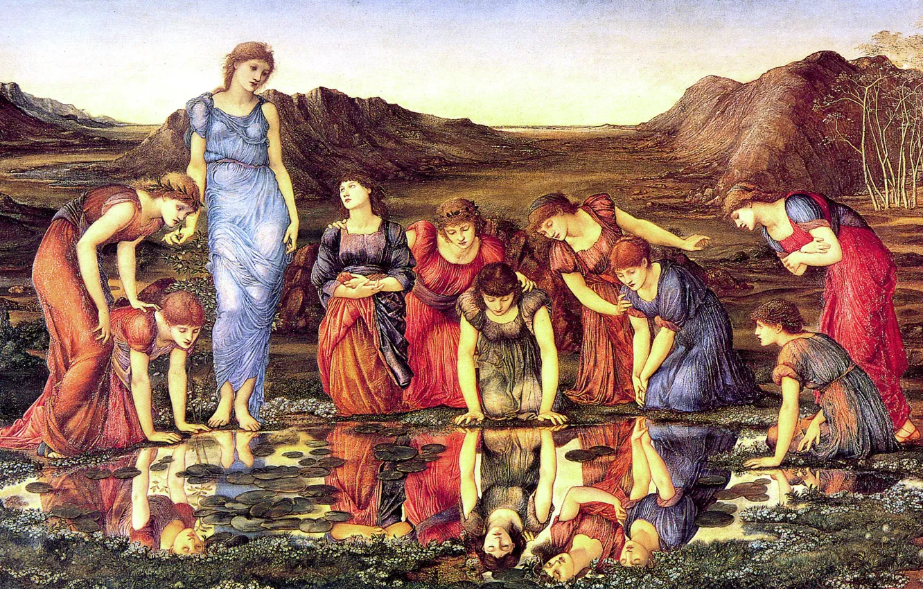 Фото обои девушки, зеркало, лужа, Edward, 1875, Sir Edward Burne-Jones, The_Mirror_of_Venus