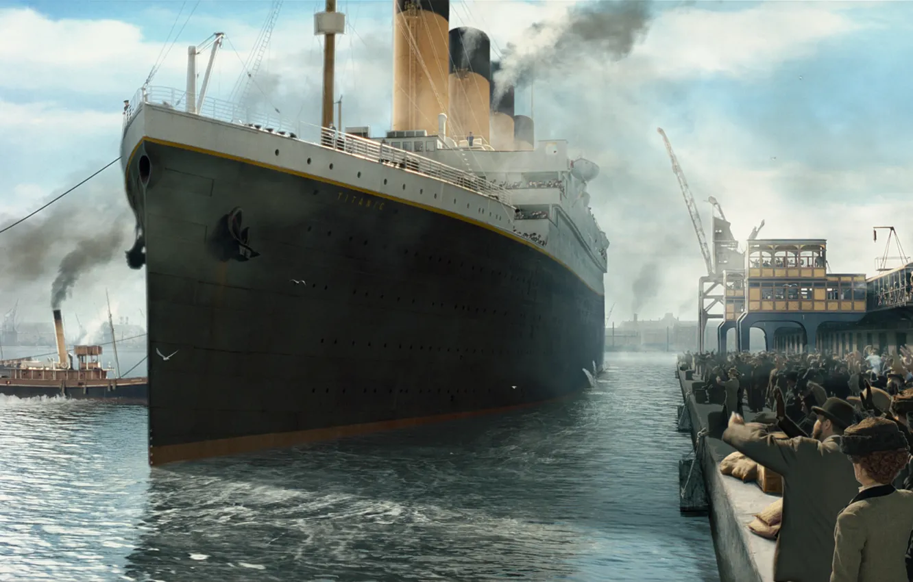 Фото обои Причал, Рисунок, Лайнер, Люди, Титаник, Titanic, Пассажирский, Буксиры