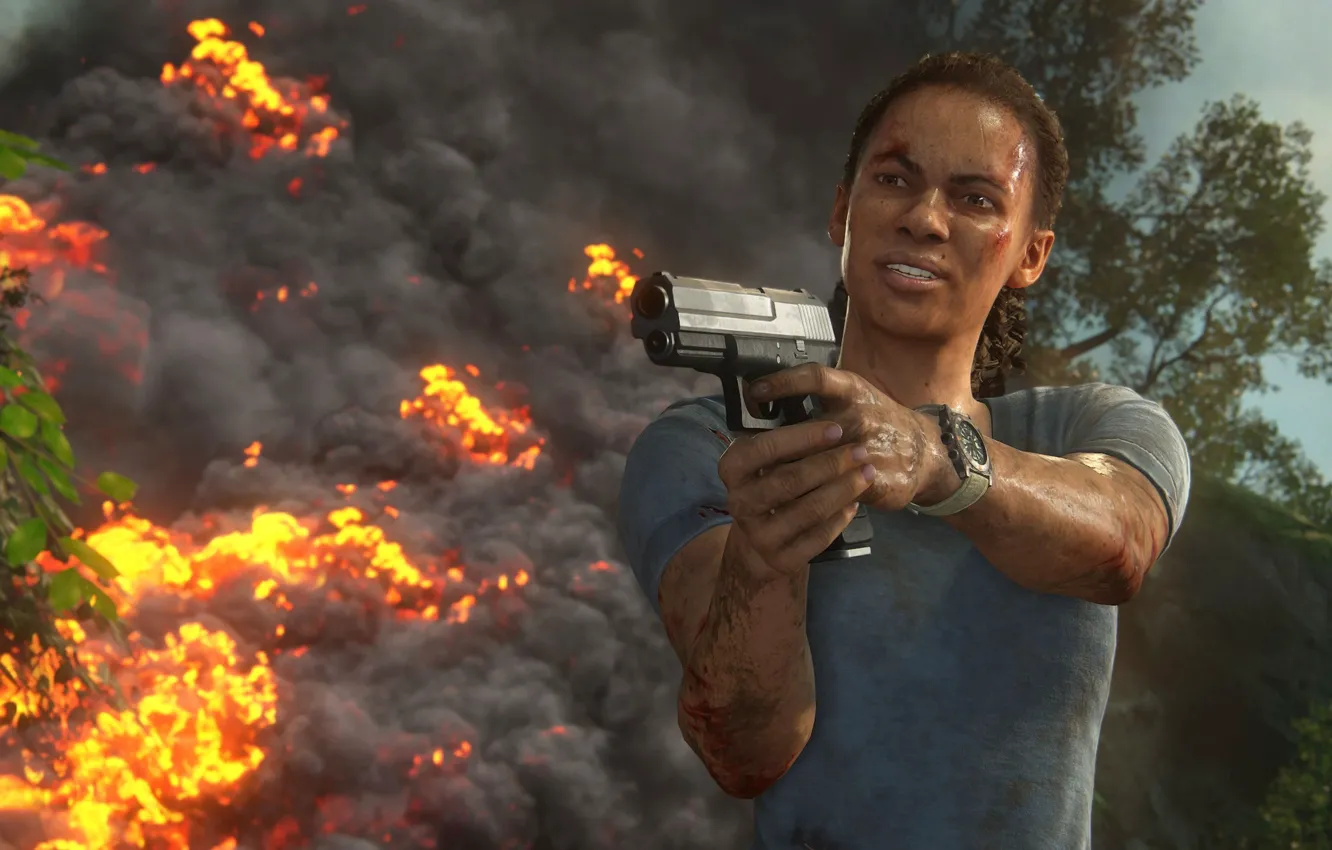 Фото обои fire, flame, gun, pistol, game, weapon, Uncharted, spark