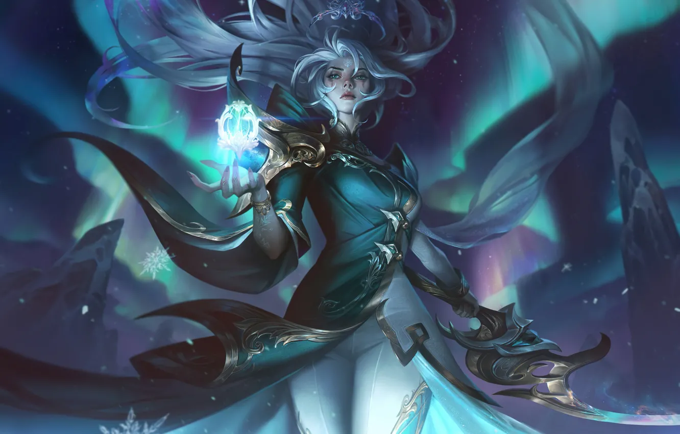 Фото обои магия, game, character, длинные волосы, персонаж, League of Legends, полярное сияние, LOL
