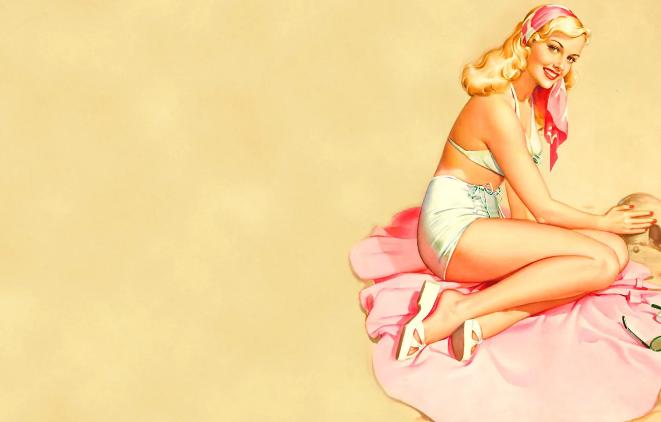 Фото обои песок, купальник, улыбка, очки, блондинка, art, pin-up, Frush