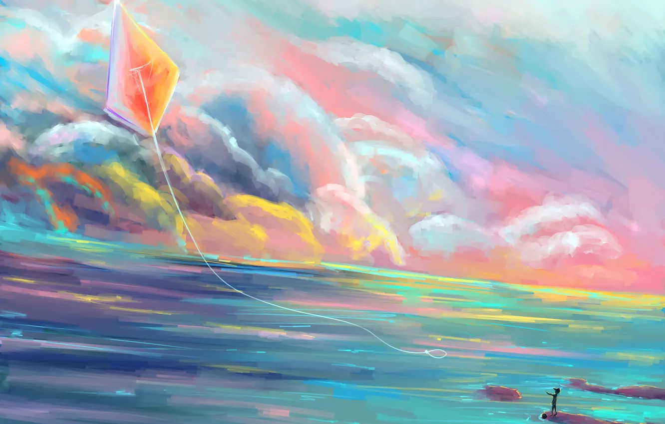 Фото обои море, небо, облака, пейзаж, мальчик, кепка, живопись, Gabrielle Ragusi