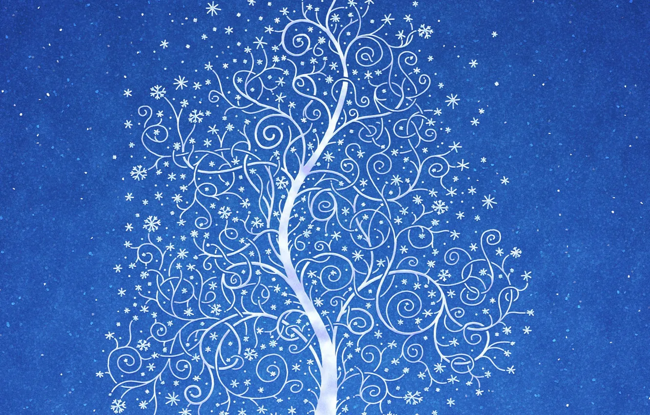 Фото обои снег, синий, узор, Дерево