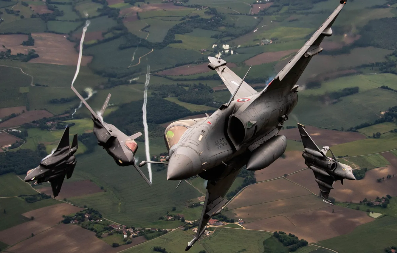 Фото обои ВВС США, истребитель-бомбардировщик, Lightning II, Dassault Rafale, Lockheed Martin, ВВС Франции, F-35A, французский многоцелевой истребитель