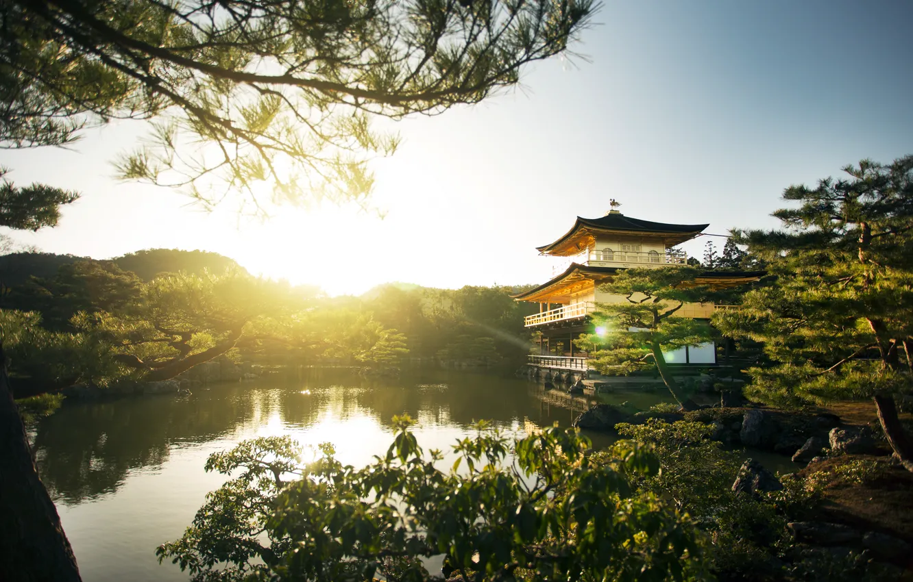 Фото обои озеро, дом, архитектура, Kyoto, дервья, the Kinkakuji, золотой дворец