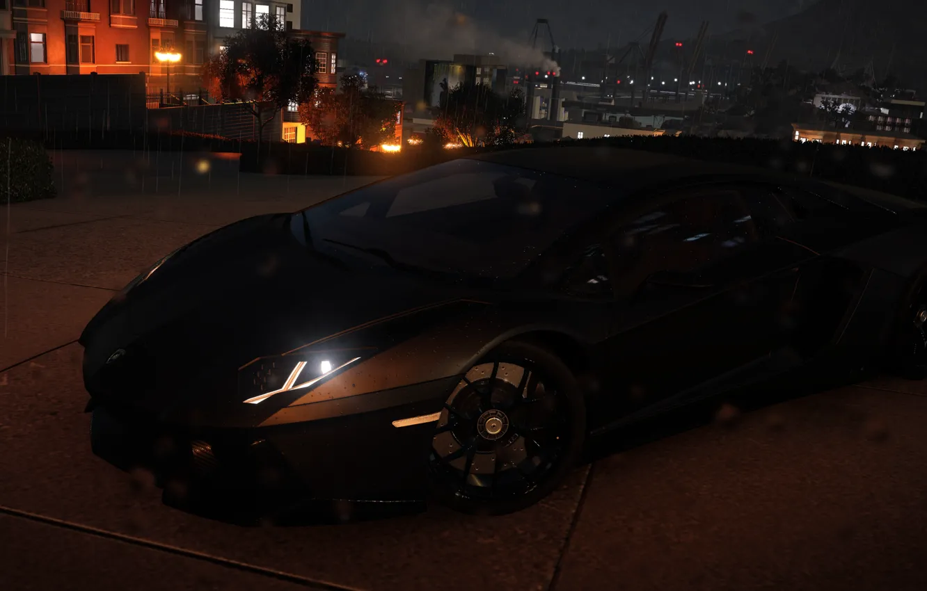 Фото обои ночь, город, дождь, Lamborghini, матовый, фонари, Aventador, The Crew