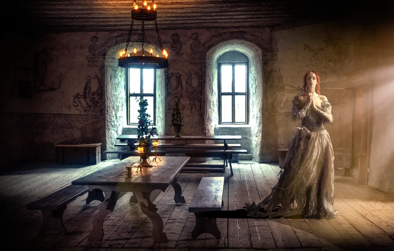Фото обои девушка, свечи, средневековье, Middle Ages, комната.зал