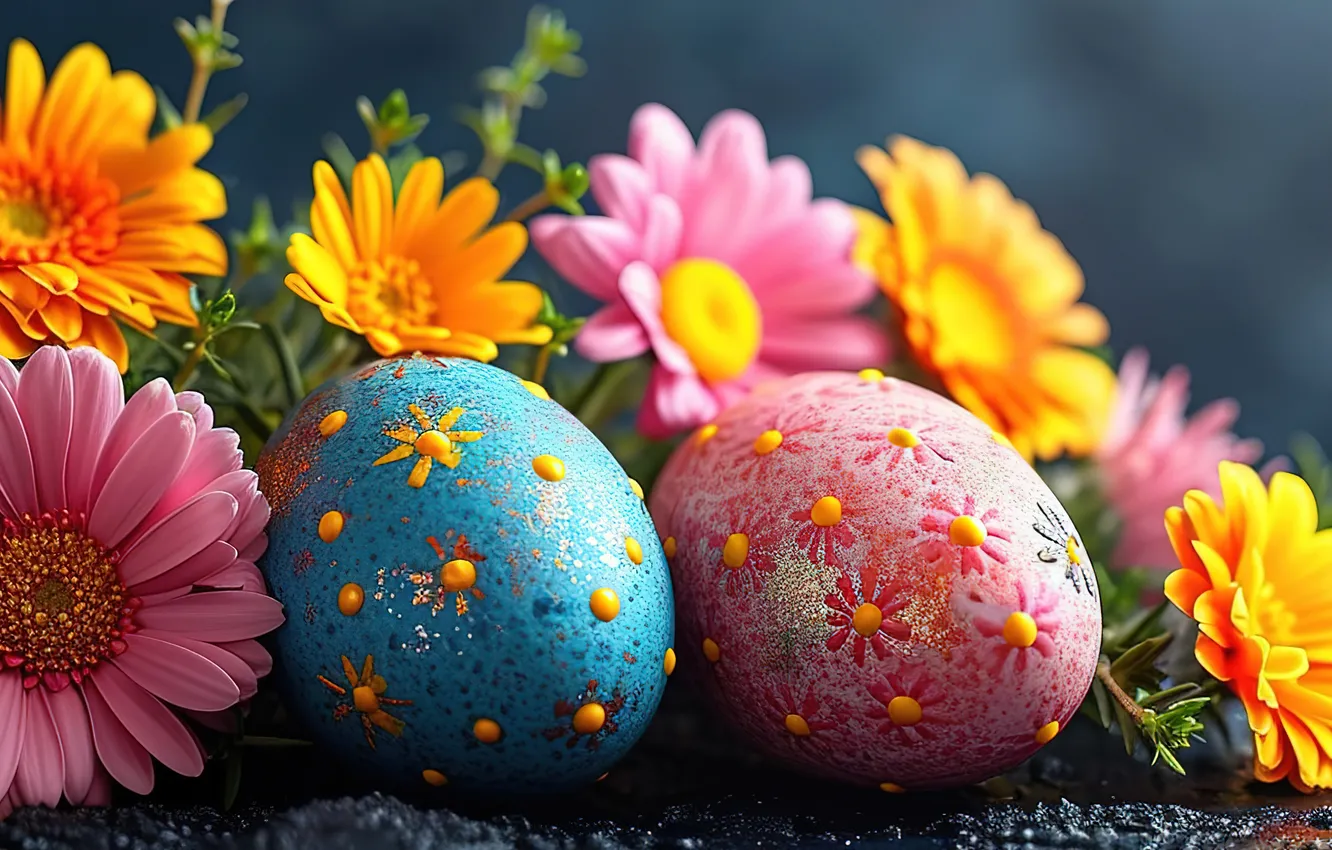 Фото обои цветы, яйца, весна, colorful, Пасха, happy, flowers, spring