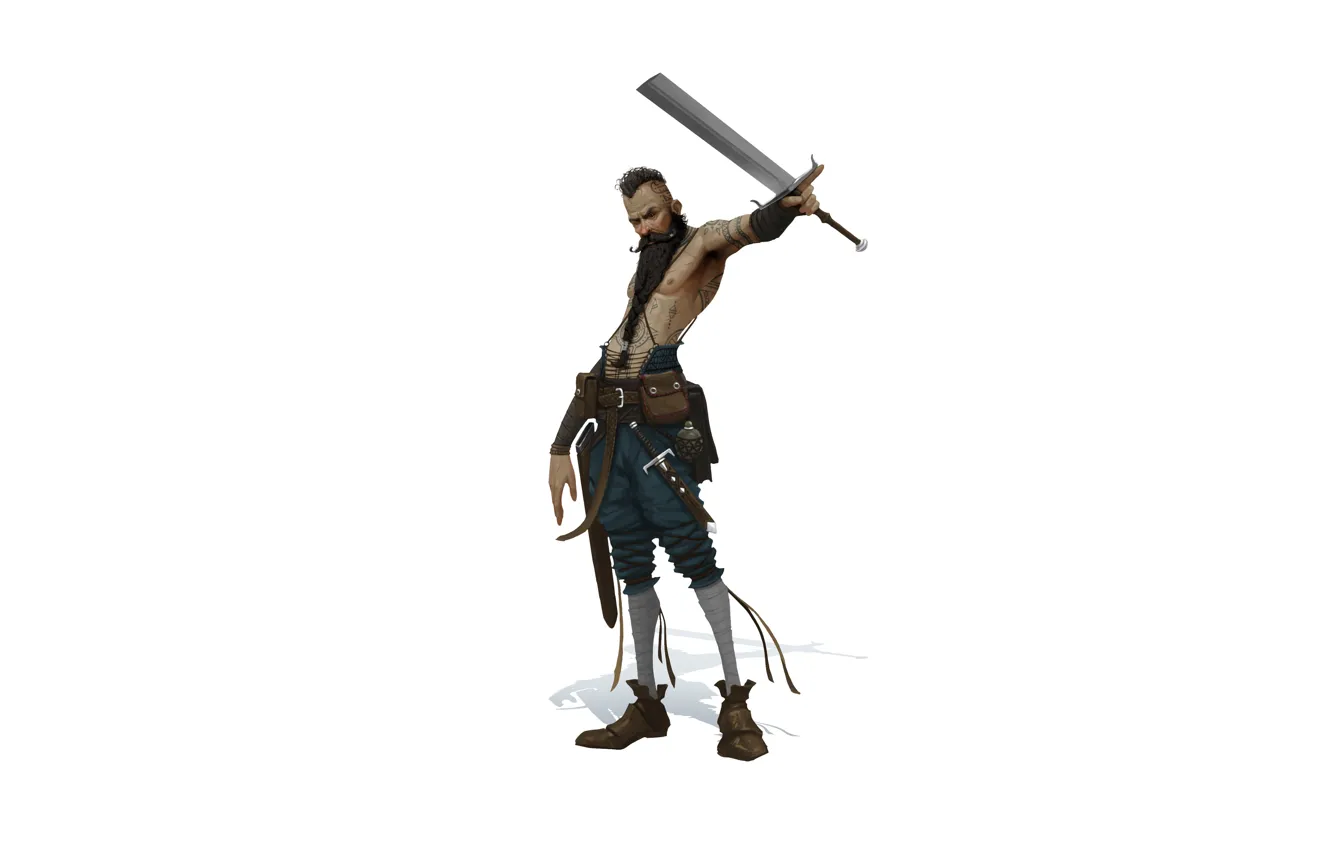 Фото обои Illustration, Minimalism, Tattoo, Sword, Beard, Character, Broken Sword, Mercenary Beard Man