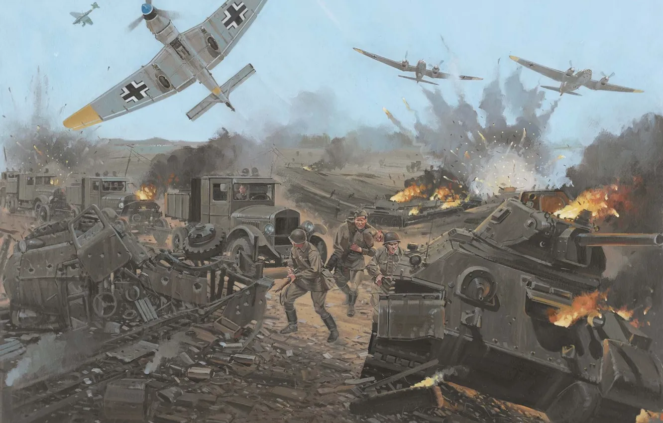 Фото обои города, рисунок, арт, май, солдаты, танки, колонна, самолёты