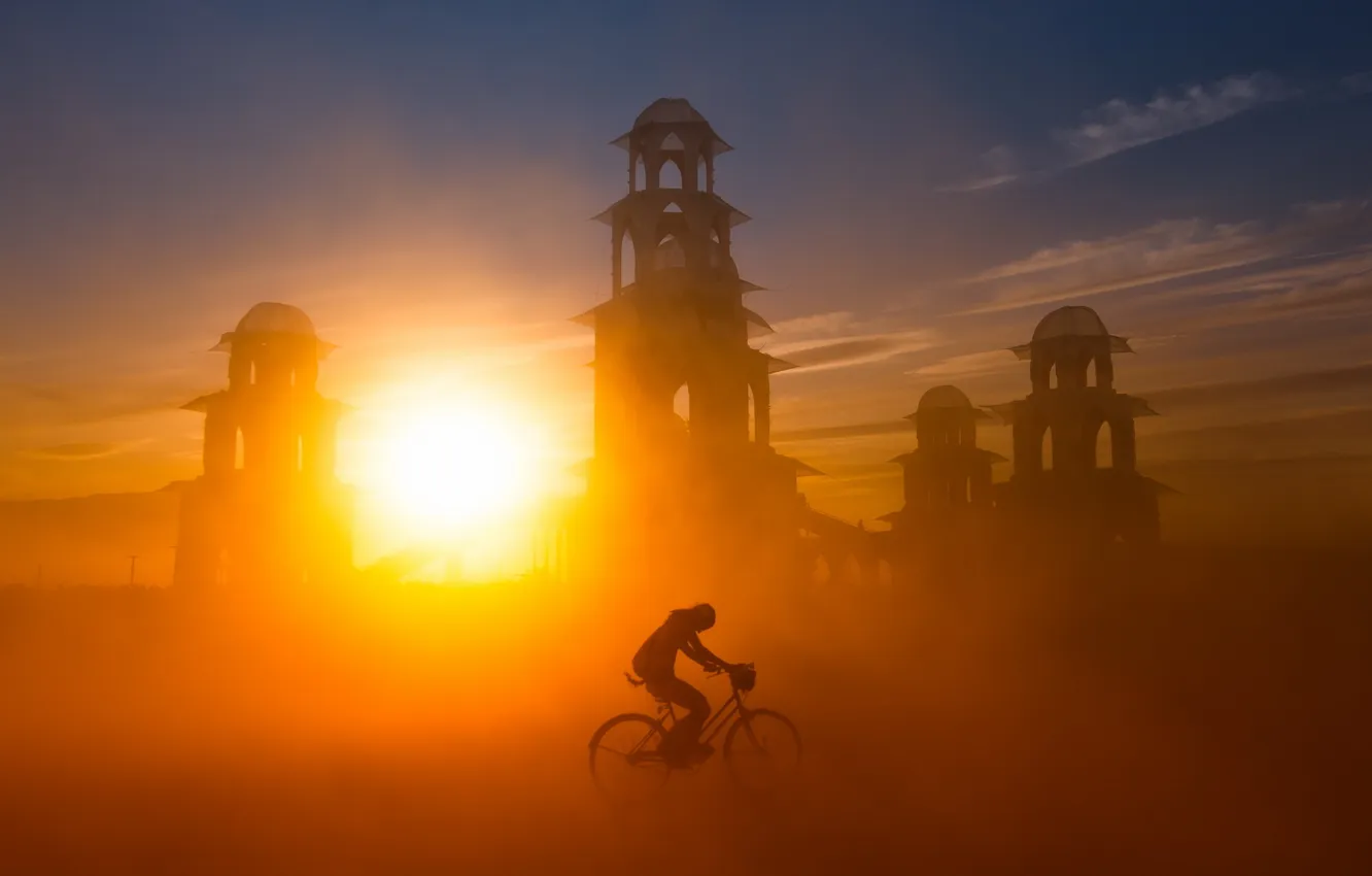 Фото обои свет, закат, велосипед