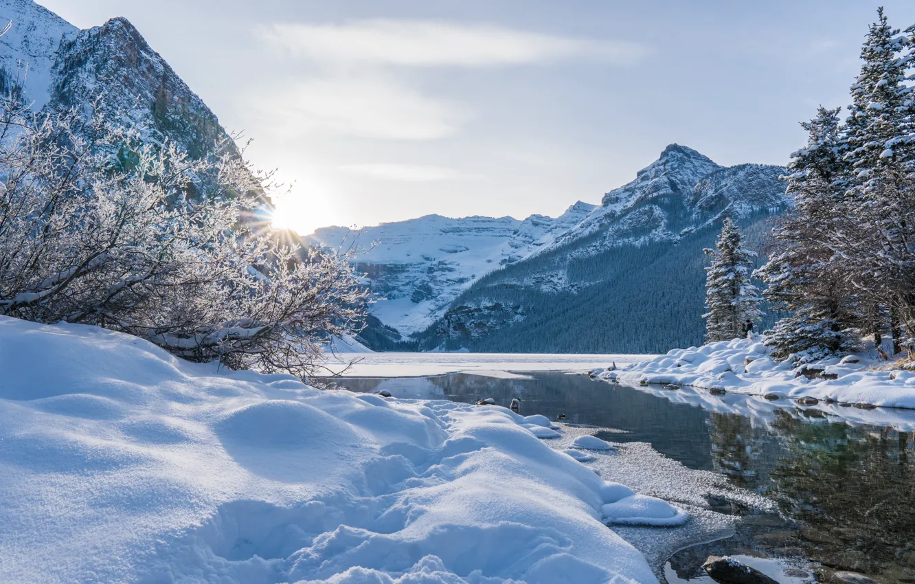Фото обои зима, снег, деревья, горы, озеро, Канада, сугробы, Альберта