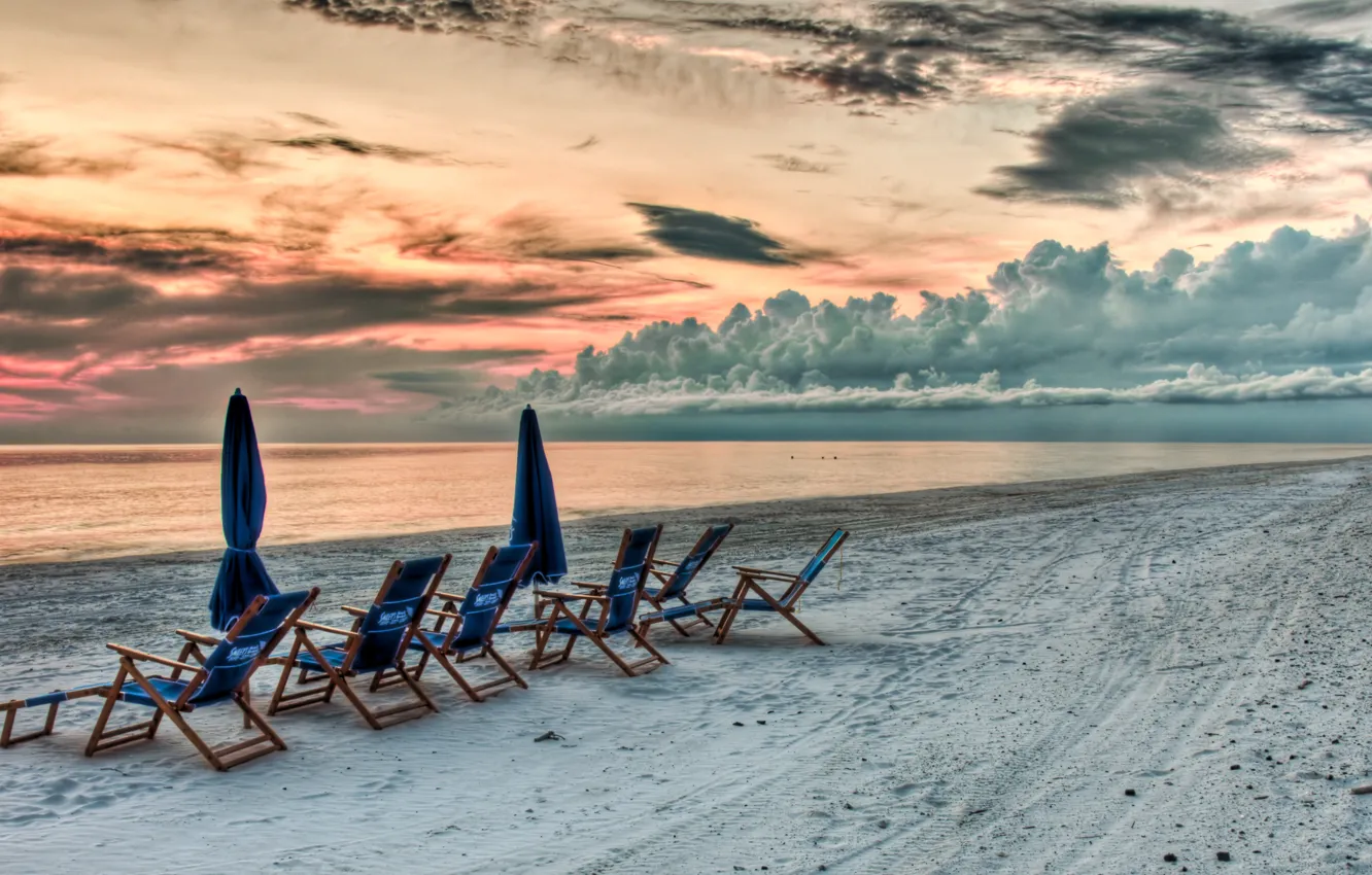 Фото обои песок, пляж, небо, закат, вид, hdr, beach, nature