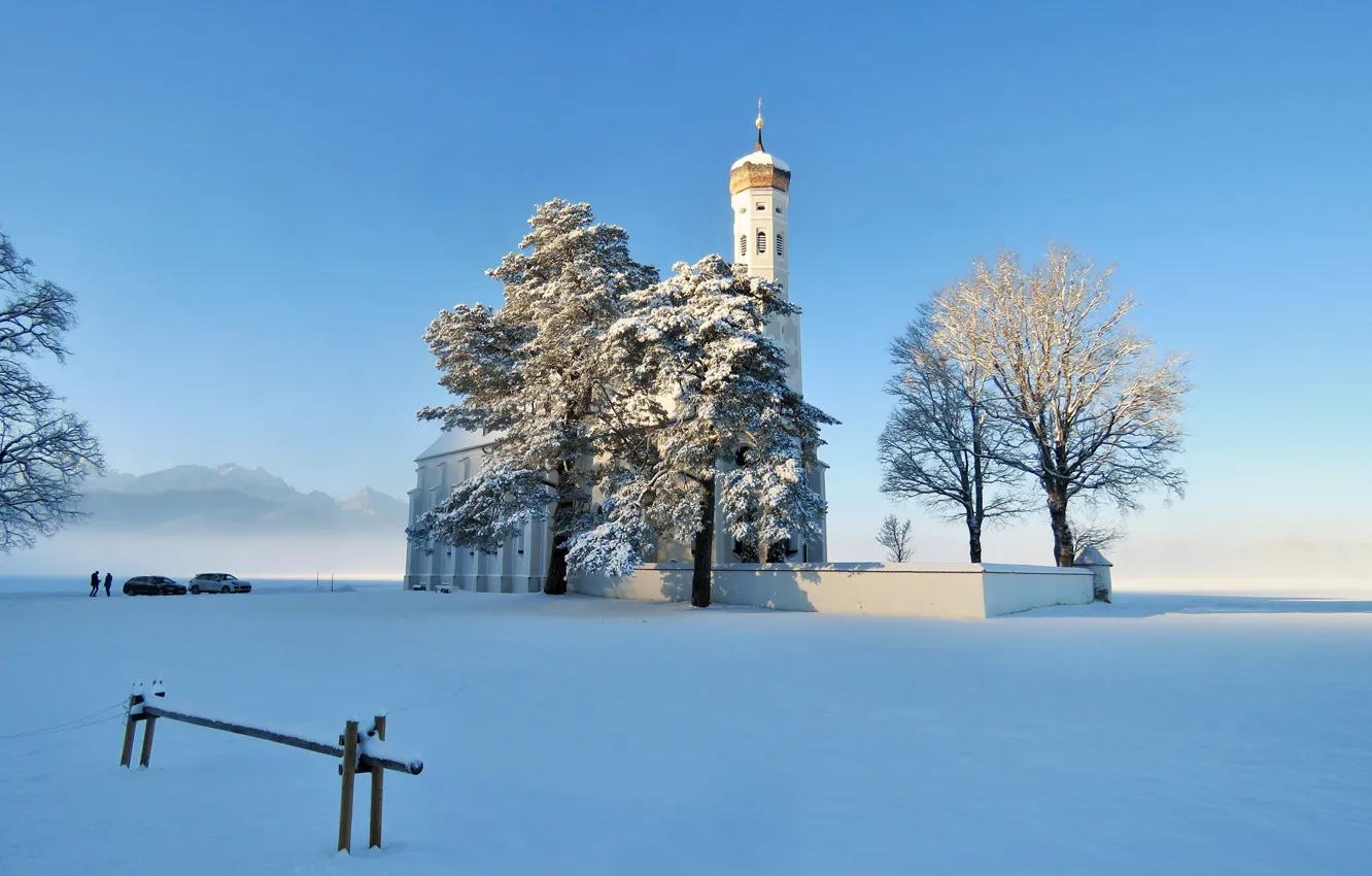 Фото обои зима, снег, деревья, Германия, Бавария, церковь, Germany, Bavaria