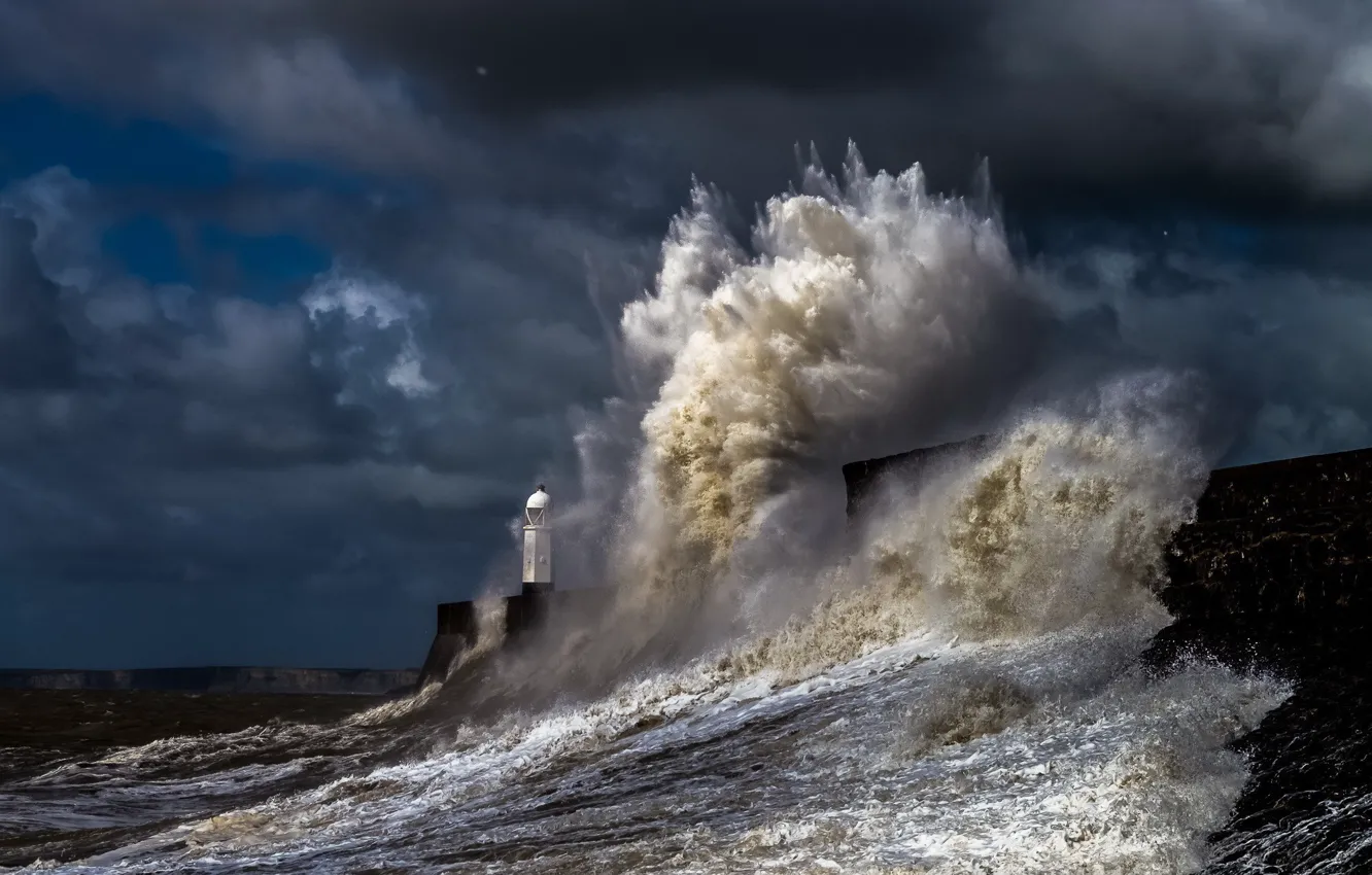 Фото обои waves, storm, sky, coast, nature, water, clouds, pier