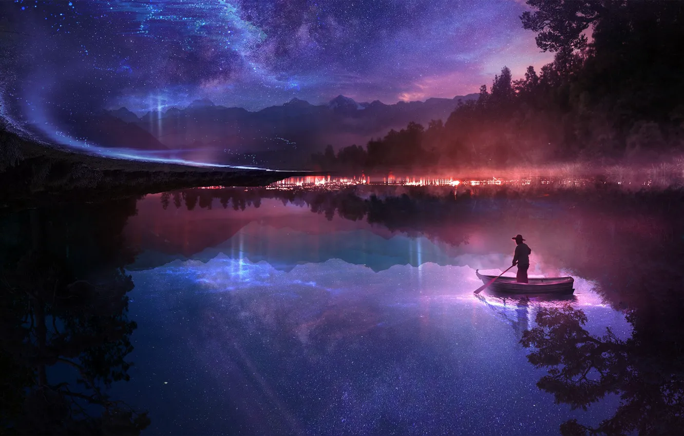 Фото обои лес, небо, звезды, ночь, озеро, фантазия, лодка, человек