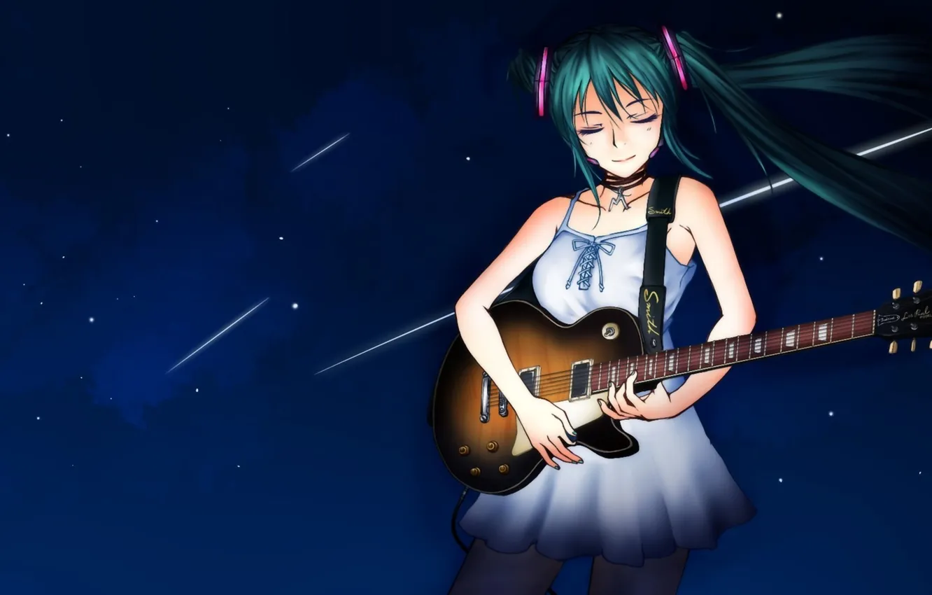 Фото обои небо, девушка, звезды, ночь, гитара, vocaloid, метеориты, hatsune miku