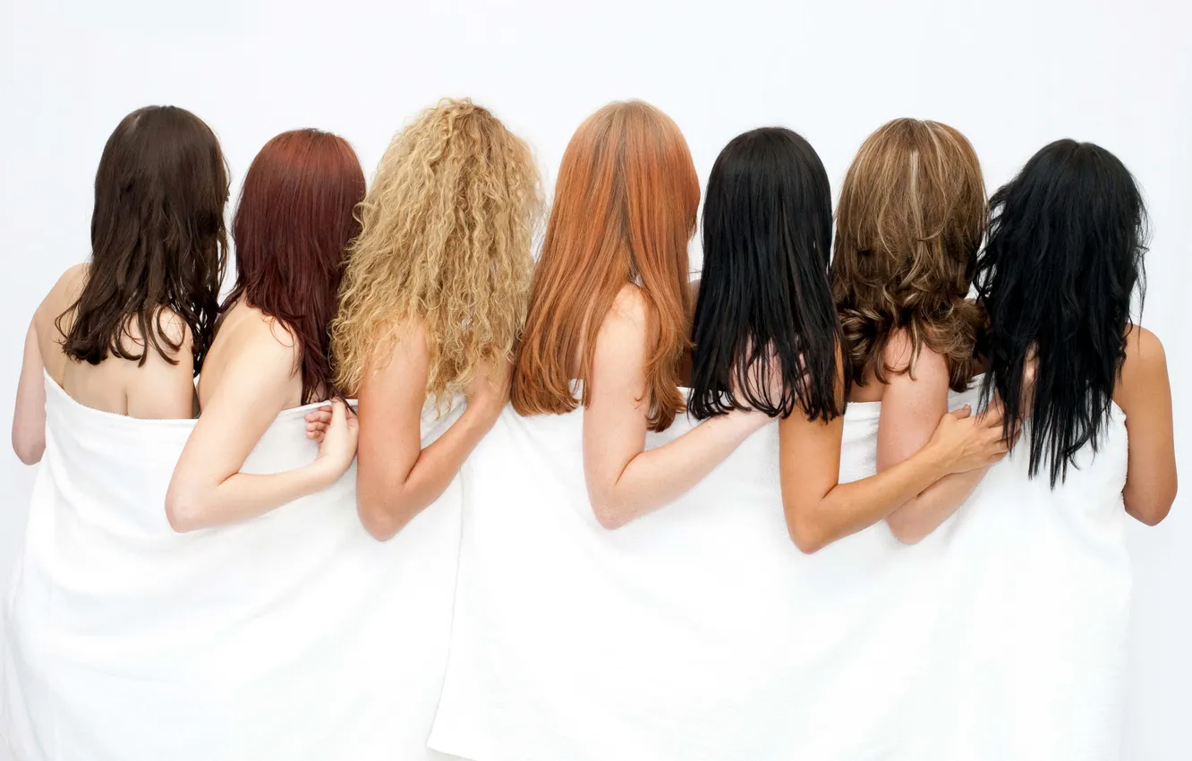 Фото обои волосы, seven, белый фон, блондинки, семь, брюнетки, шатенки, brunette