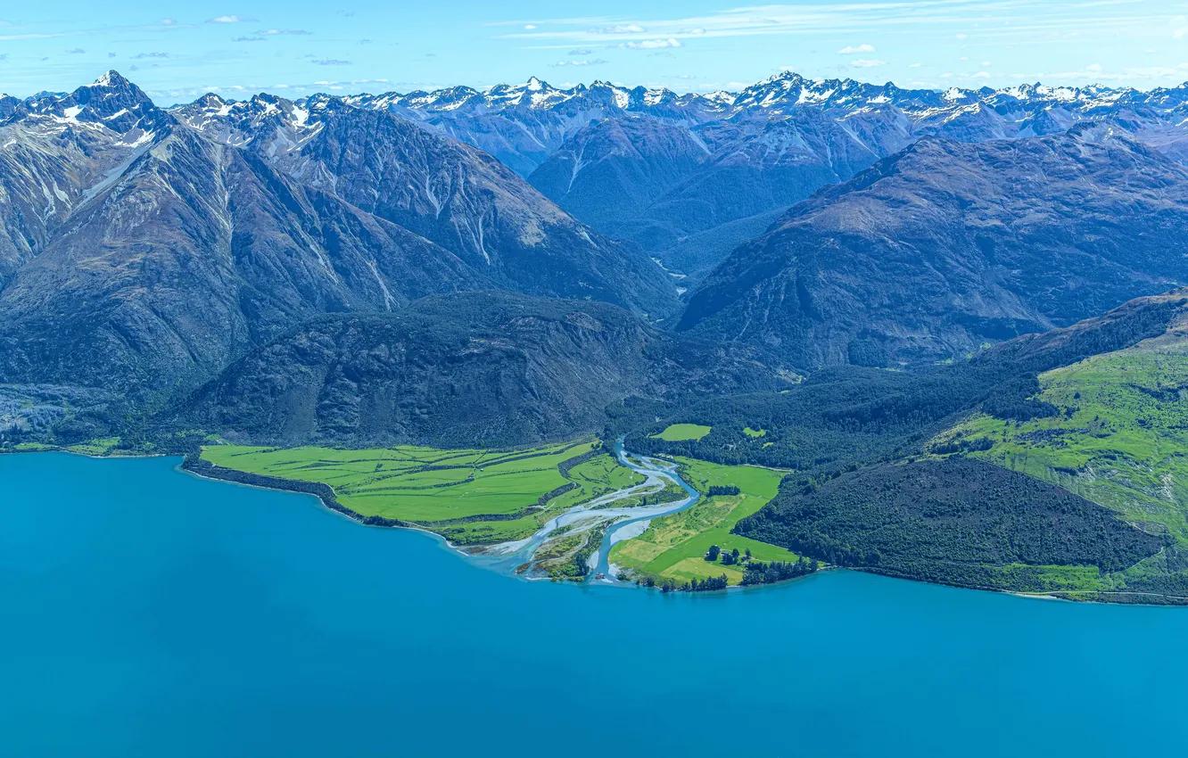 Фото обои forest, trees, landscape, New Zealand, nature, water, mountains, clouds