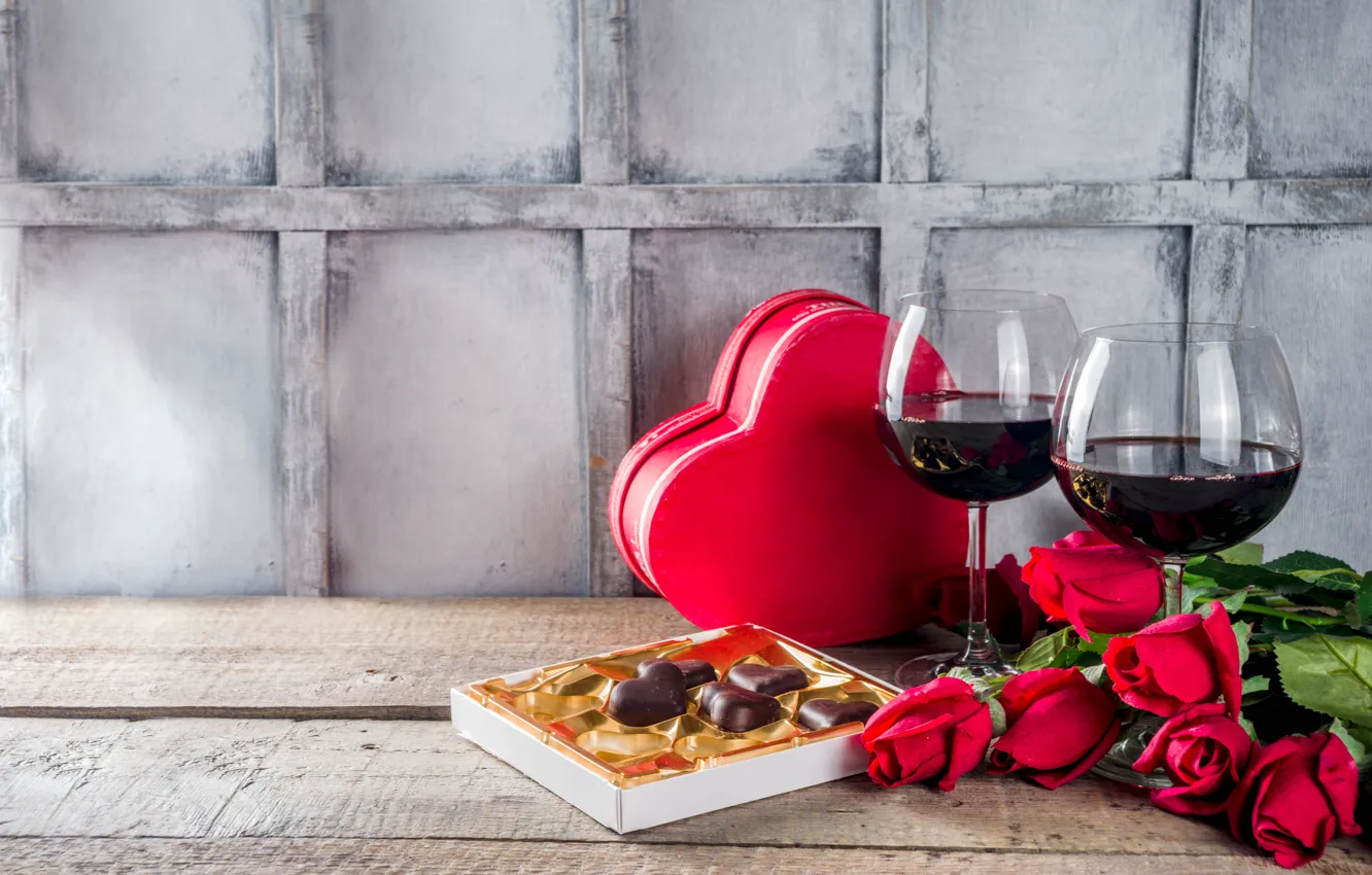 Фото обои вино, красное, шоколад, бокалы, сердечко, День Святого валентина, Bondarenko Rimma