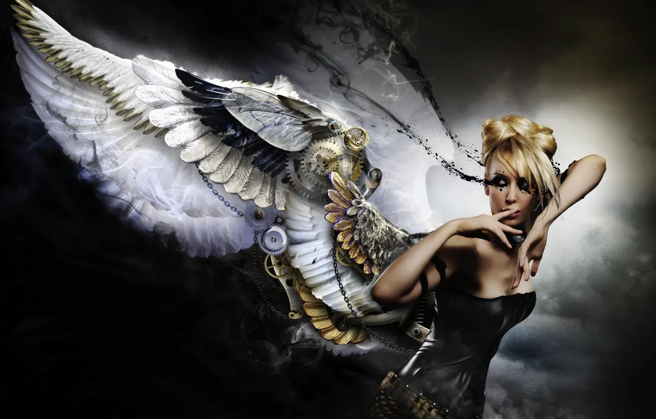 Фото обои девушка, фон, механизм, крылья, ангел, платье, черное, блондинка