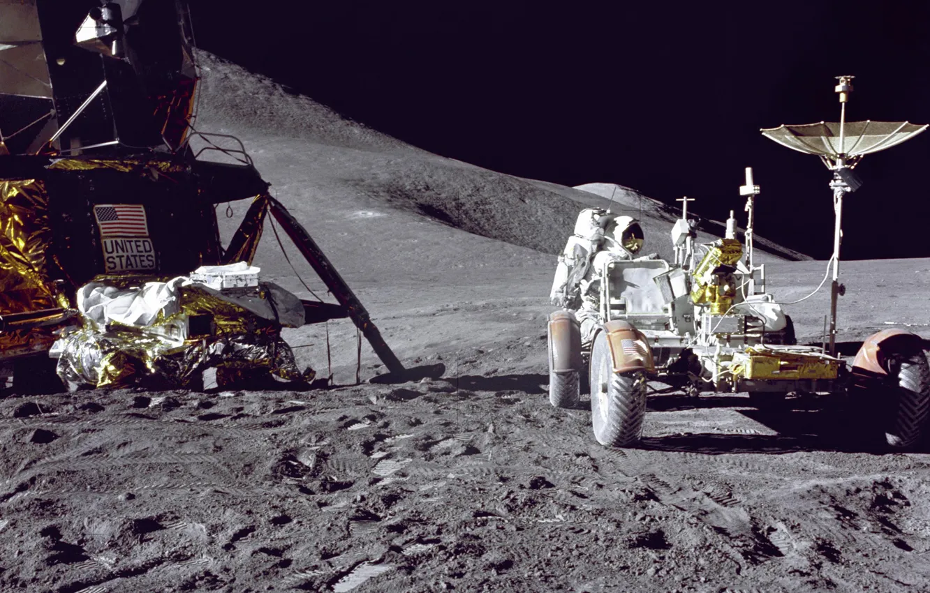 Фото обои Луна, Falcon, астронавт, Jim Irwin, луномобиль, Apollo 15