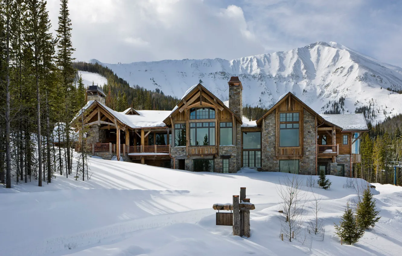 Фото обои зима, лес, снег, горы, США, архитектура, штат Монтана, Montana