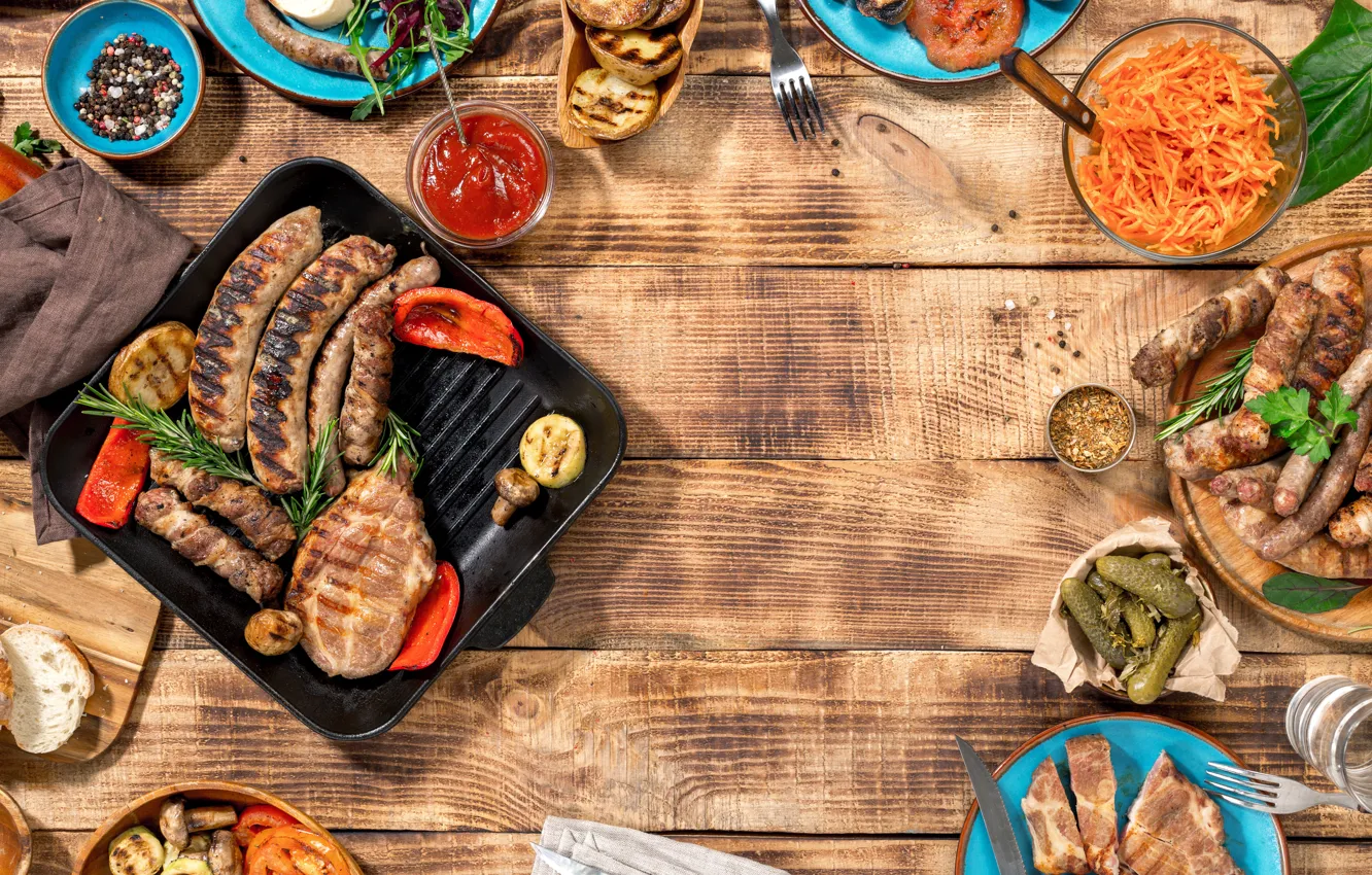 Фото обои мясо, барбекю, овощи, wood, meat, гриль, grilled