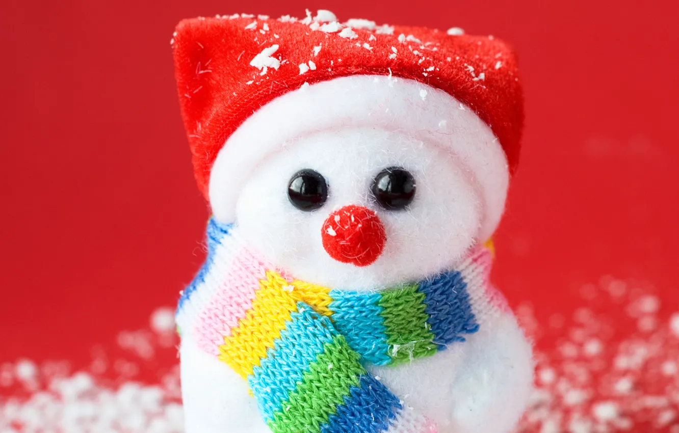 Фото обои снеговик, шарфик, красный фон, колпак, сувенир, искусственный снег