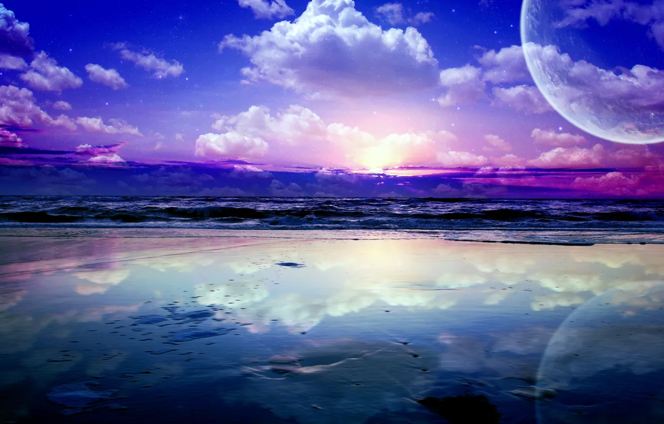 Фото обои вода, восход, луна