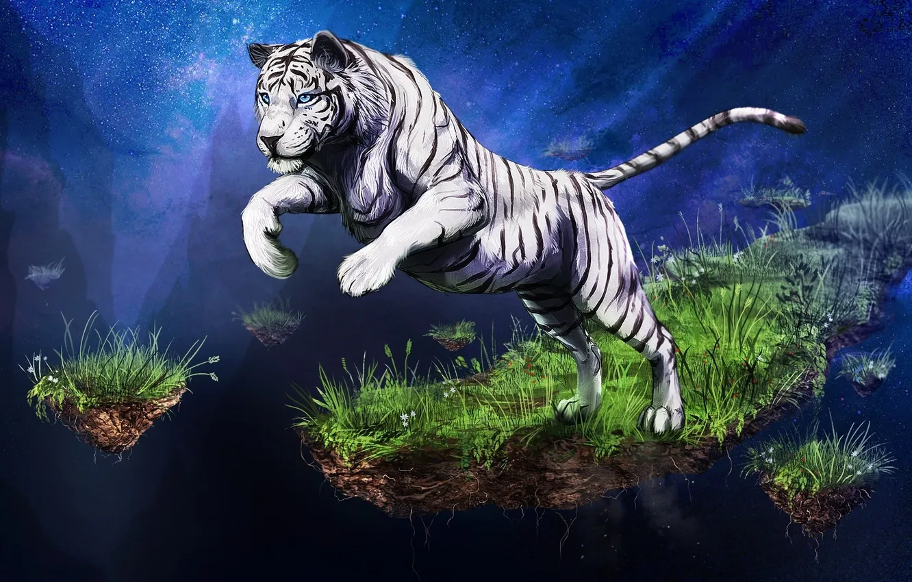 Фото обои белый, небо, трава, взгляд, звезды, тигр, животное, прыжок